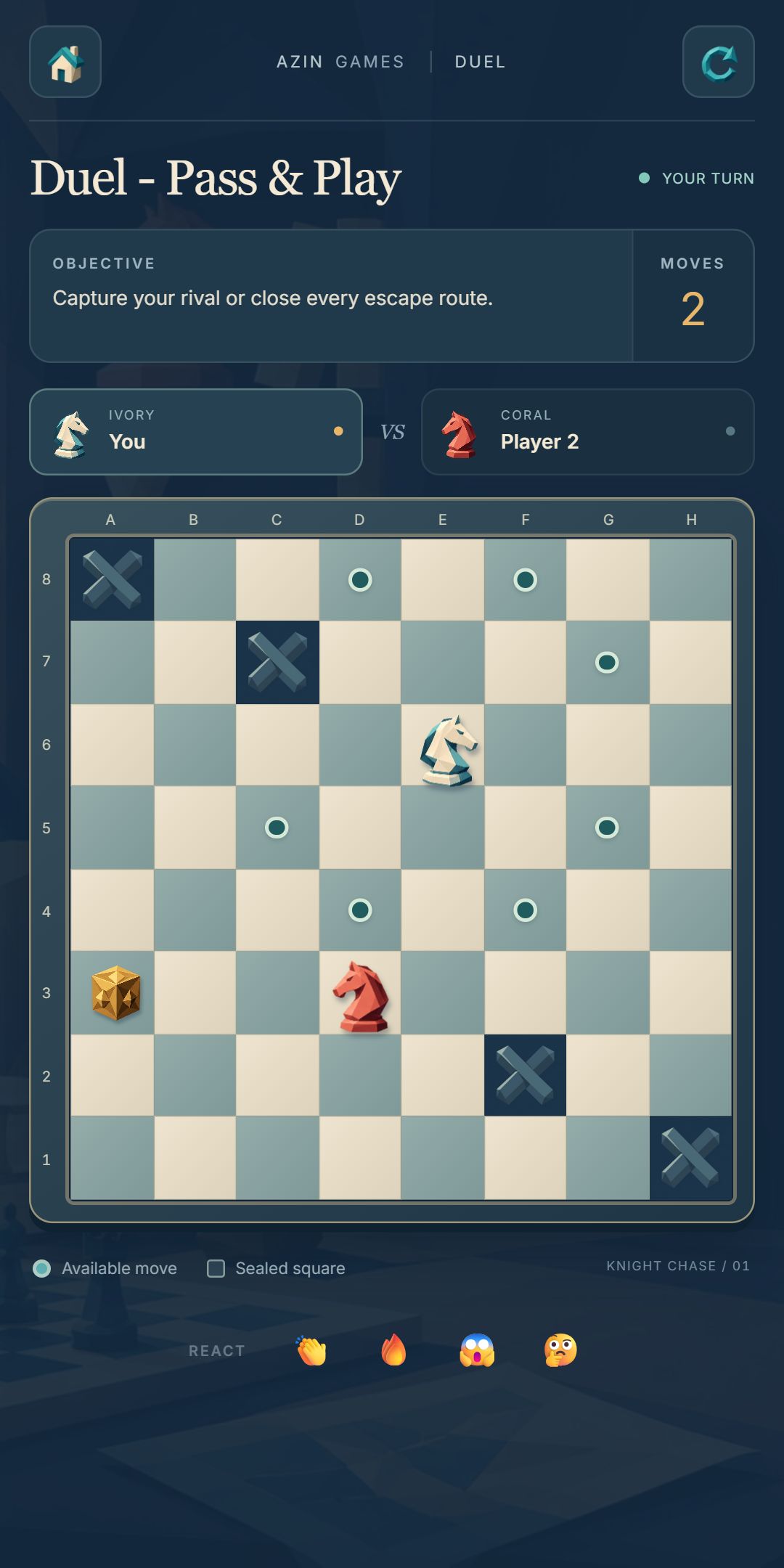 Knight Chase duel: ivory and coral knights on a board with sealed squares