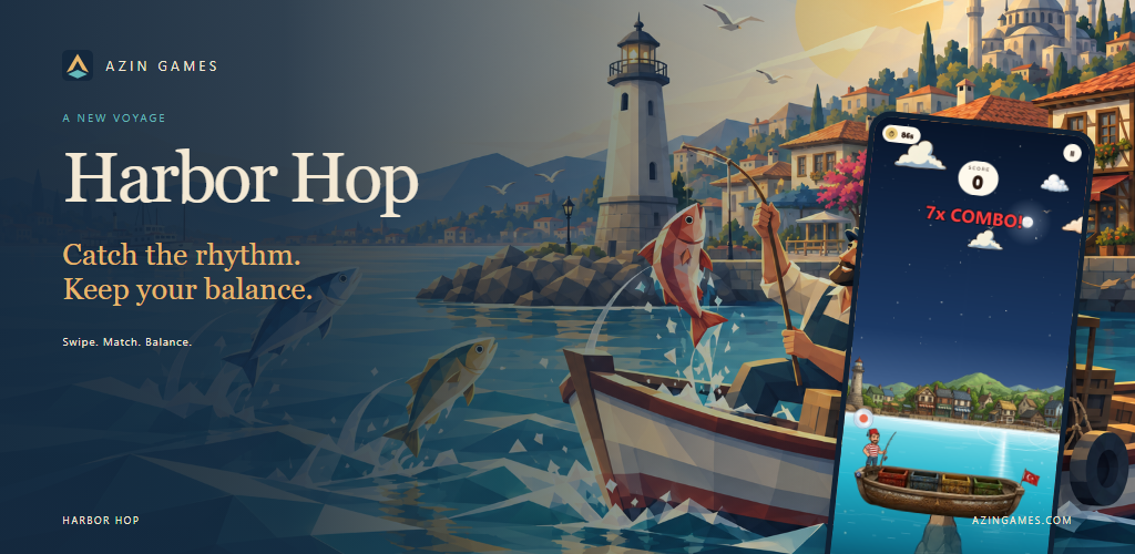 Harbor Hop promotional artwork with a real game screenshot
