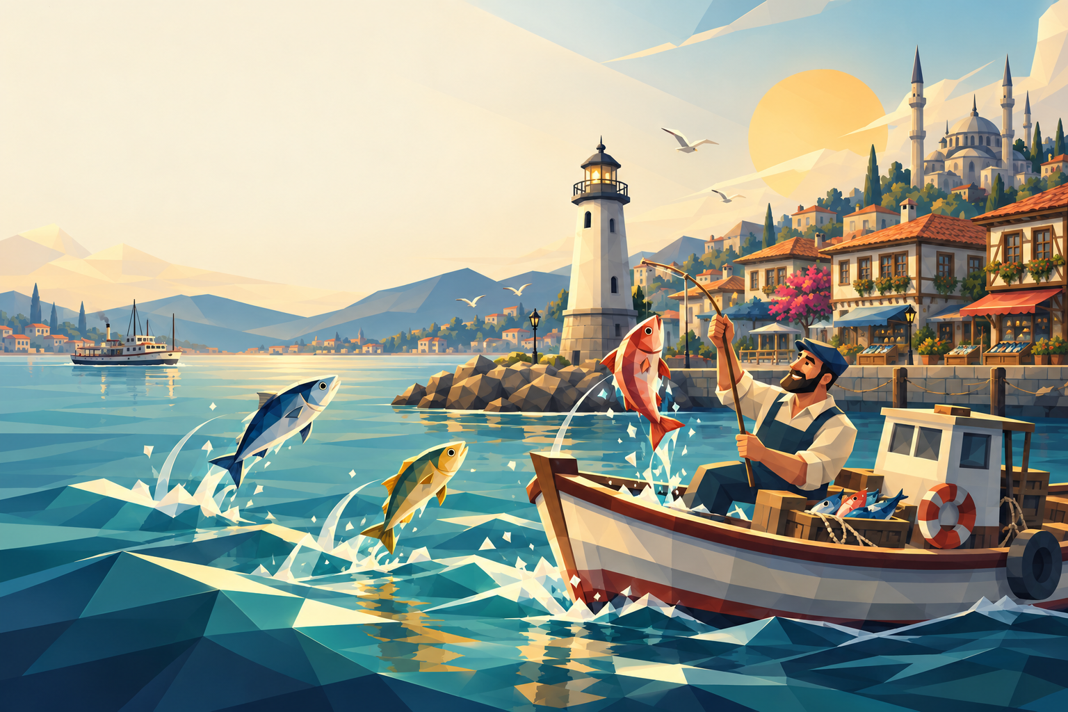 Geometric illustration of a harbor, fishing boat and leaping fish